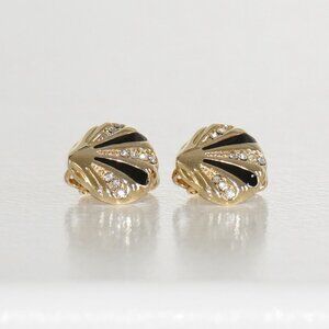 Christian Dior Gold Tone Black Enamel & Crystal Seashell Clip-On Earrings